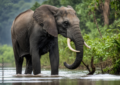 An African forest elephant  Loxodonta cyclotis  by the Lekoli River in Odzala-Kokoua National Park  Cuvette-Ouest Region  Republic of the Congo.