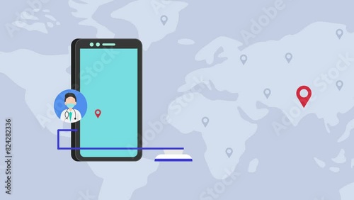 Medical tourism - Medical stethoscope with smartphone, airplane and doctor cartoon animation