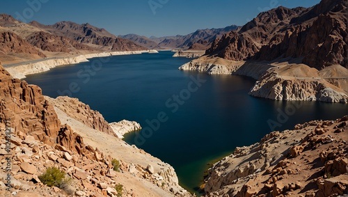 very large body of water with a canyon wall of red rocks