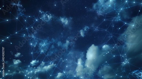A night sky scene where instead of stars, there are points of light representing data nodes, connected by digital clouds that form a network across the heavens. photo