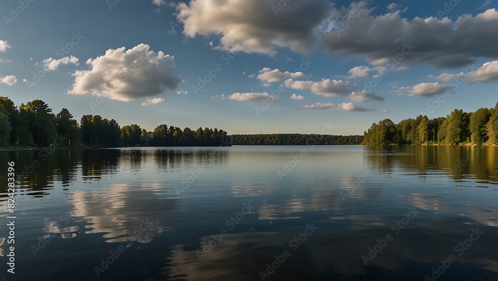 wide, calm lake on a partly cloudy day. wide, calm lake on a partly cloudy day.