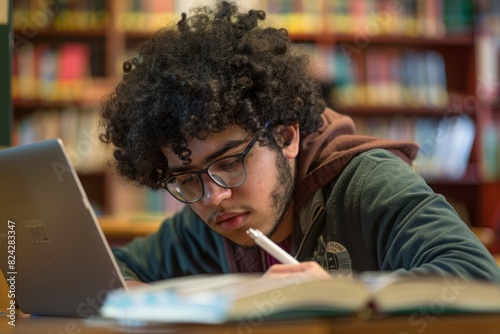 Male student learning at high school library. Study hard in the library