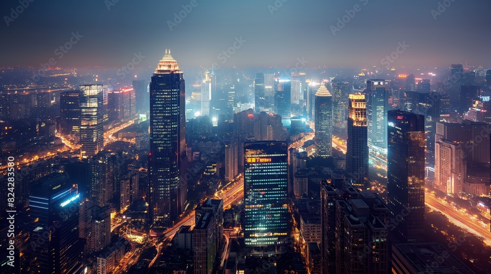 Fototapeta premium A nighttime cityscape with the lights of skyscrapers twinkling and streets bustling with activity. 