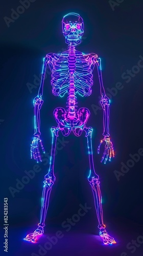 Vividly detailed neon skeleton against a dark background. Dynamic contrast and lifelike depiction. © dekreatif