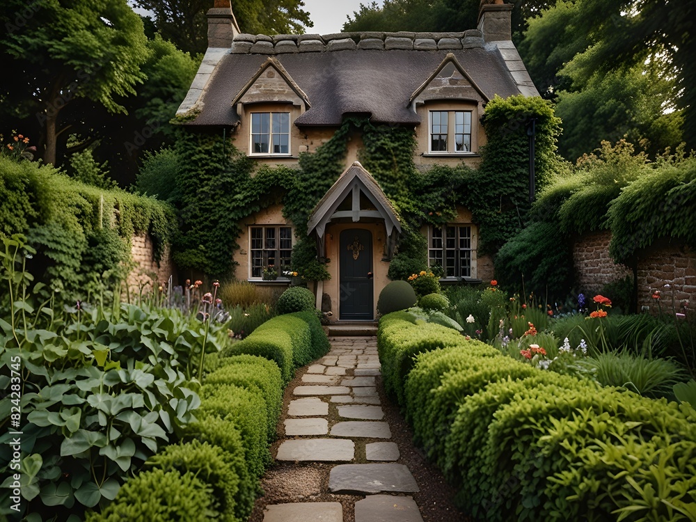 Traditional English cottage with ivy-covered walls and a stone path, generative AI