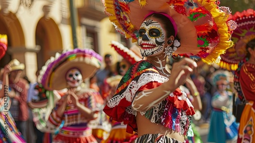 Colorful Day of the Dead parade brimming with vibrant festivities and cultural joy. A lively celebration. © dekreatif