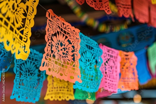 Lively Day of the Dead Papel Picado decorates the fiesta with vibrant colors, embodying celebration and tradition.