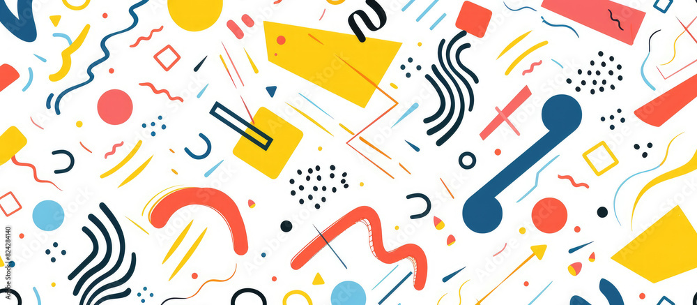 Abstract background with colorful doodles and shapes in the style of Memphis design on white background Abstract background with colorful doodles and shapes in the style of Memphis design on white background