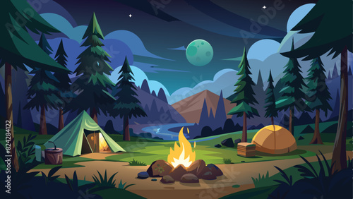 camping in the middle of the forest at night vector illustration