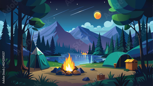camping in the middle of the forest at night vector illustration