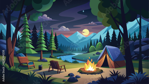 camping in the middle of the forest at night vector illustration