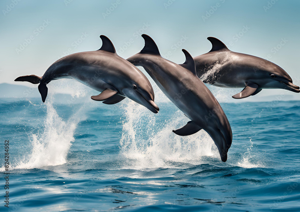 Fototapeta premium Beautiful bottlenose dolphins leaping from the clear blue sea on a sunny day.