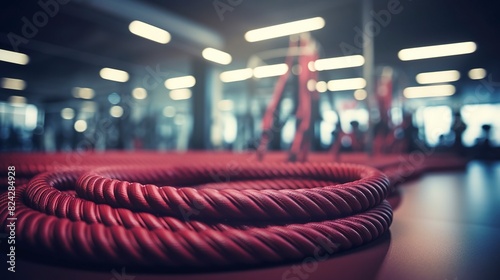 A photo of a stack of battle ropes in a fitness center.