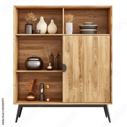 wooden cabinet with shelves on a transparent background