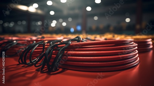 A photo of a stack of jump ropes in a gym