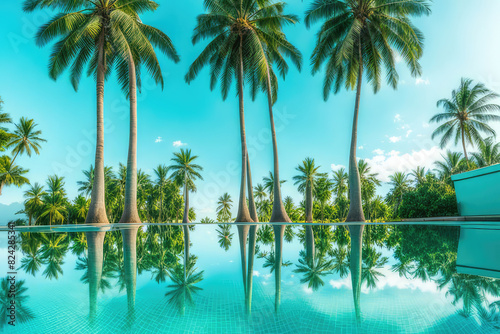 Reflection of coconut trees and sugar palm tree in turquoise color swimming pool photo