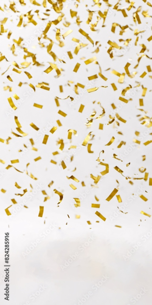 falling golden confetti on a white background with a blurry image of confetti on the background, vertical orientation falling golden confetti on a white background with a blurry image of confetti on the background, vertical orientation