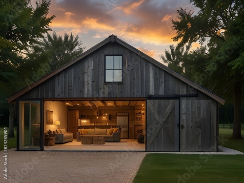 Rustic barn converted into a home with large sliding doors, generative AI