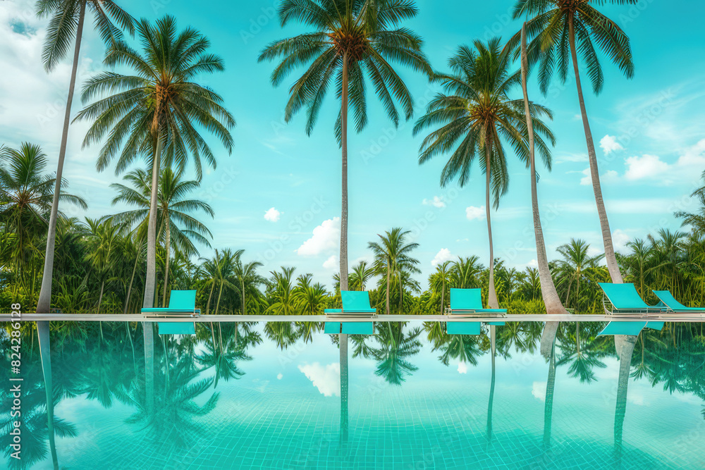 Reflection of coconut trees and sugar palm tree in turquoise color swimming pool Reflection of coconut trees and sugar palm tree in turquoise color swimming pool