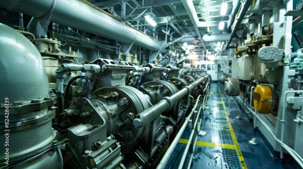 The steady vibrations of a marine diesel engine can be felt throughout the entire ship.