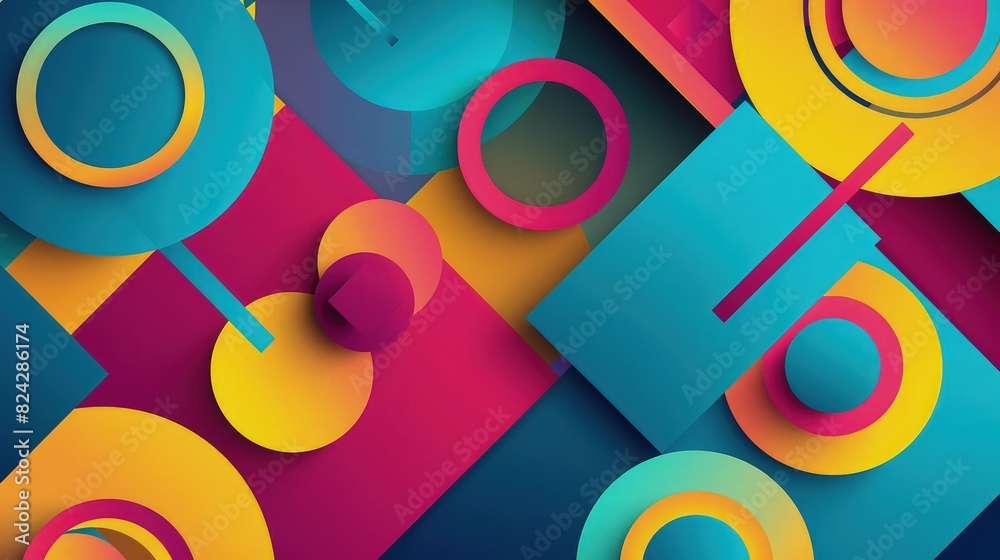 A vibrant geometric abstract background showcasing bold circles and squares in bright hues of magenta, cyan, and yellow, offering a lively and creative aesthetic. A vibrant geometric abstract background showcasing bold circles and squares in bright hues of magenta, cyan, and yellow, offering a lively and creative aesthetic.