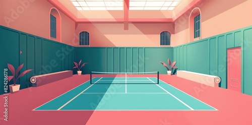 A flat illustration of an indoor tennis court in pastel colors, pink and teal, in a minimalistic style.