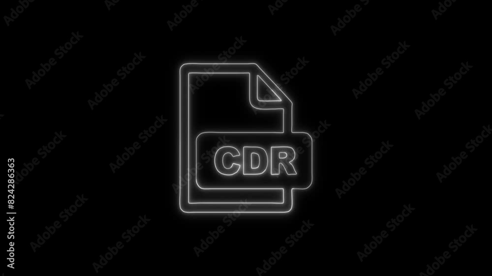 Neon Glowing CDR File Icon and Symbol Animation on Black Background