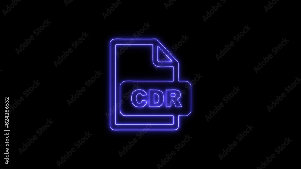 Neon Glowing CDR File Icon and Symbol Animation on Black Background