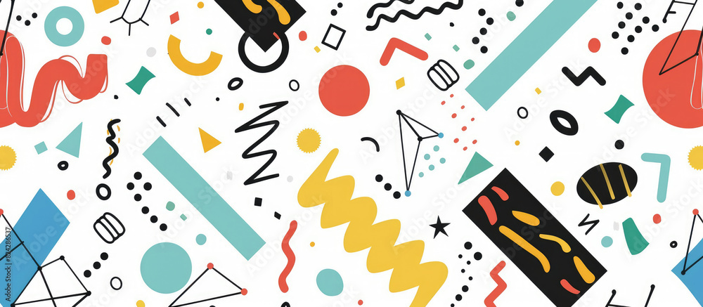 Abstract background with colorful doodles and shapes in the style of Memphis design on white background Abstract background with colorful doodles and shapes in the style of Memphis design on white background