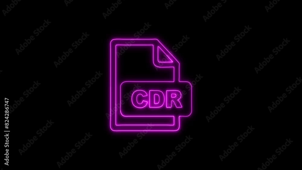 Neon Glowing CDR File Icon and Symbol Animation on Black Background
