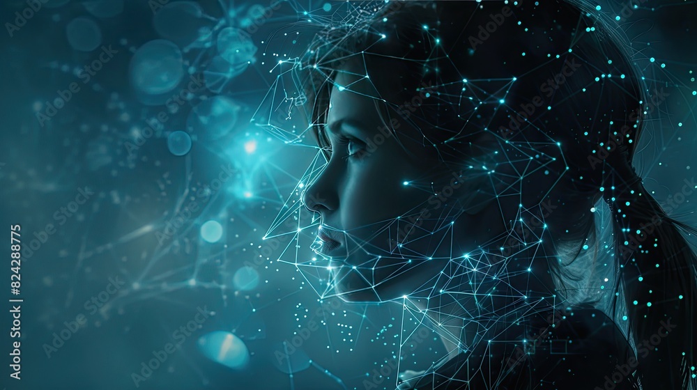 Futuristic Digital Portrait of a Woman with Neural Network Connections and Blue Glowing Data Nodes Futuristic Digital Portrait of a Woman with Neural Network Connections and Blue Glowing Data Nodes