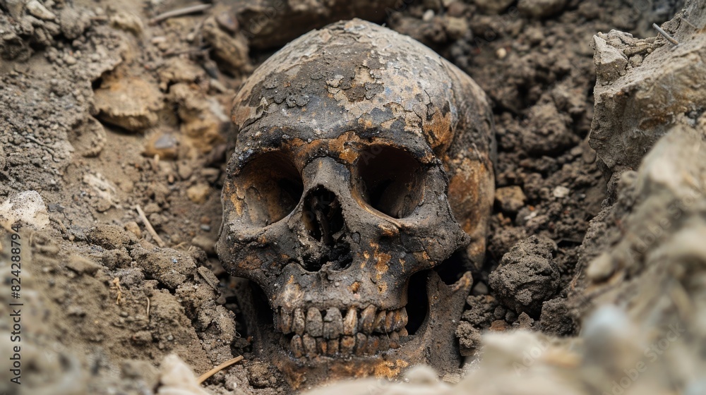 Closeup image of an excavated skull believed to be from a human ancestor thousands of years old found beneath the construction site. Closeup image of an excavated skull believed to be from a human ancestor thousands of years old found beneath the construction site.