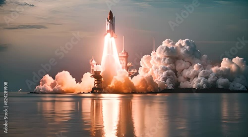 Space Shuttle Launching Over Water: Majestic Liftoff into the Blue Horizon photo