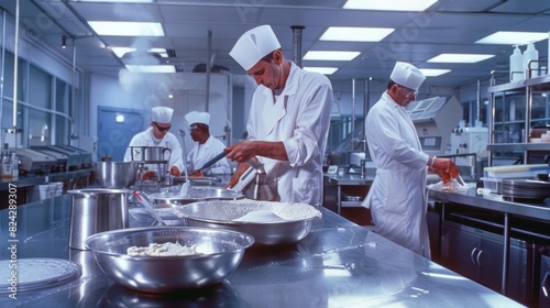 A pristine laboratory setting with scientists in lab coats carefully measuring ingredients to create the perfect blend for petroleum jelly. photo