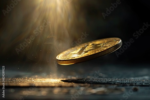 Floating Bitcoin Coin in Focus Under Dramatic Light with a Dark Background photo