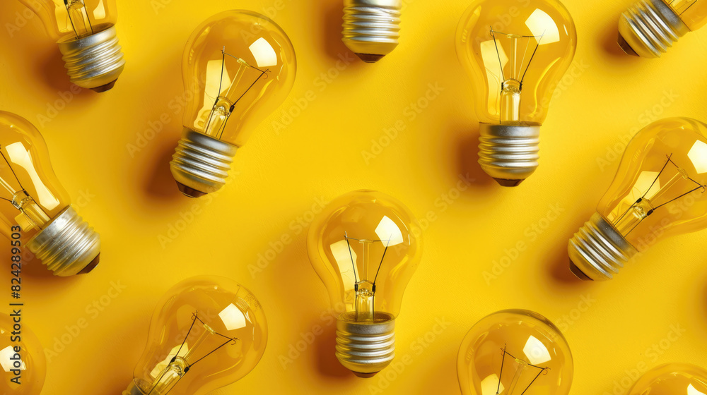 A pattern of light bulbs on a yellow background A pattern of light bulbs on a yellow background
