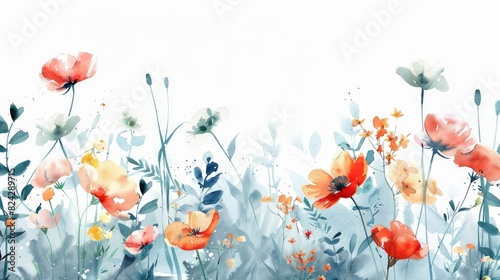 Vibrant Watercolor Floral Garden with Poppies and Wildflowers