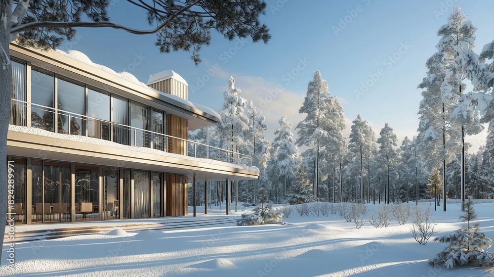 A Scandinavian-inspired home with clean lines, large windows, and a functional design, surrounded by a snow-covered pine forest. 32k, full ultra hd, high resolution