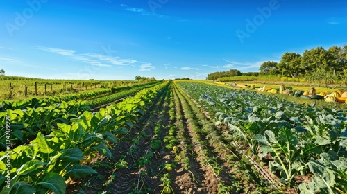 A well-tended vegetable field showcasing neat rows of corn, squash, and beans under a clear blue sky.
