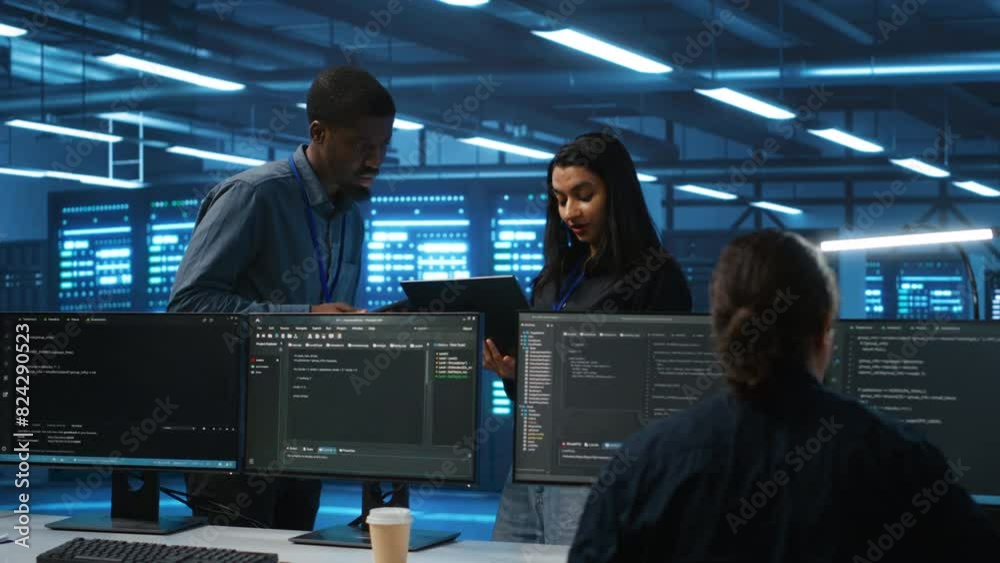 Manager overseeing server room using laptop to do hardware troubleshooting, talking with multiracial employees. Supervisor doing inspection in data center, receiving performance assessment from worker