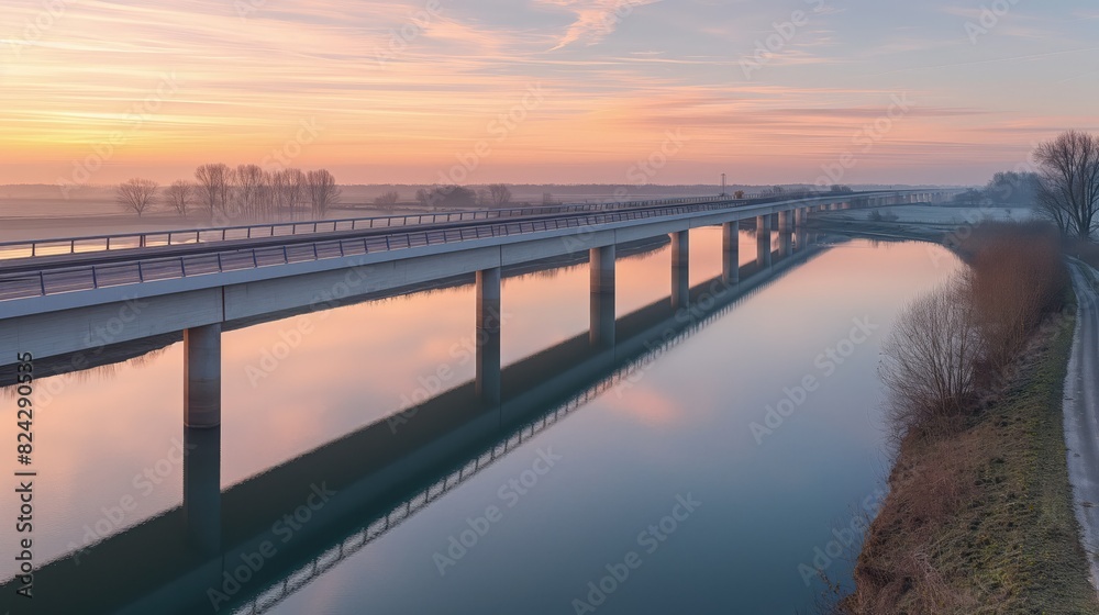  Bridge over a tranquil river during sunrise. The bridge is modern in design, with sleek lines and no visible supports from above. The sky is painted with soft orange and pink hues. 