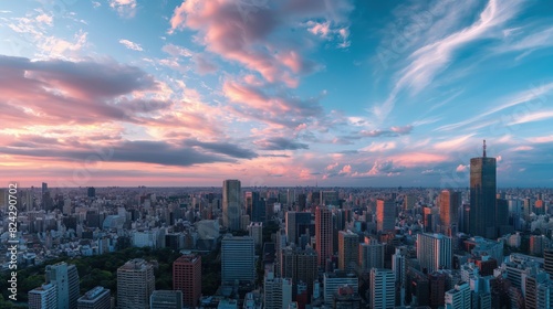 Modern cityscape at sunrise, with the sky transitioning from pink to blue and the city awakening. 