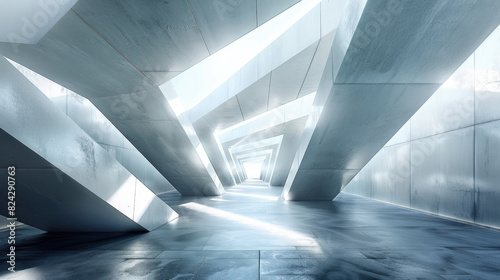 A long, futuristic tunnel made of concrete with bright light at the end