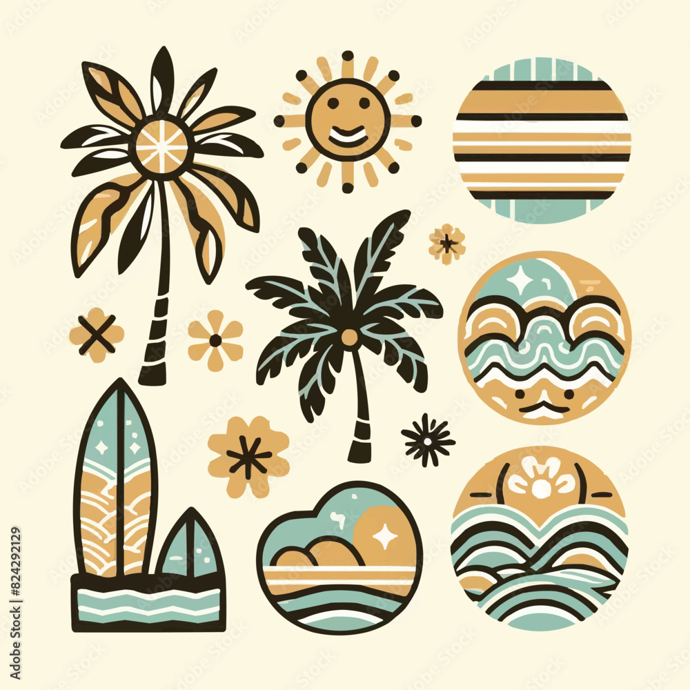 Boho groovy palm tree beach sun sea stickers.