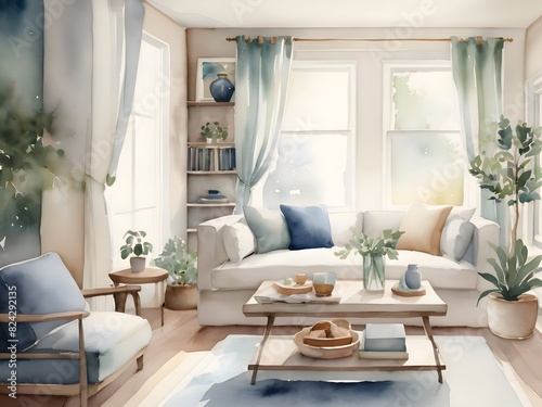 Cozy Living Room Watercolor Art