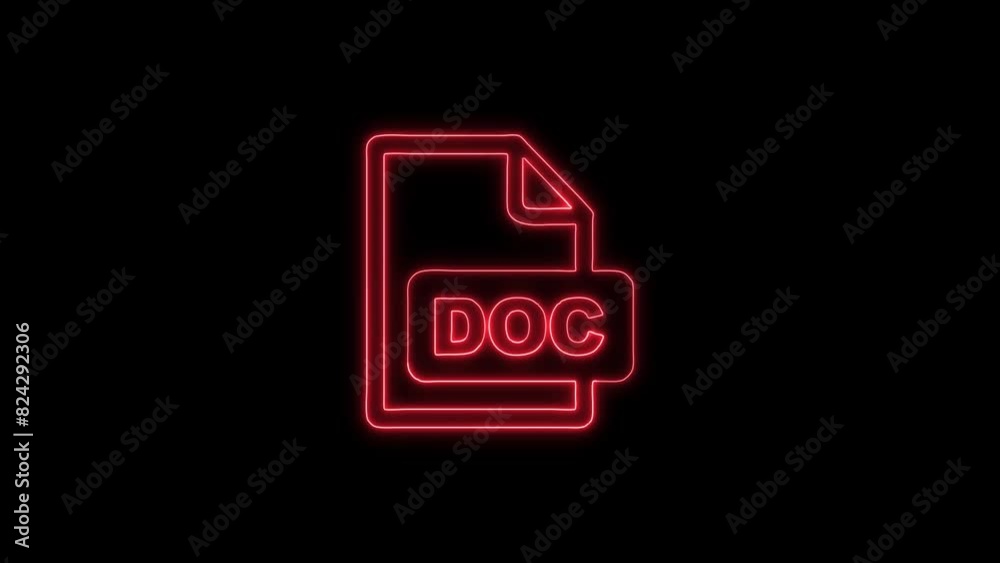 Neon Glowing DOC File Outline Icon and Symbol Animation on Black Background Neon Glowing DOC File Outline Icon and Symbol Animation on Black Background