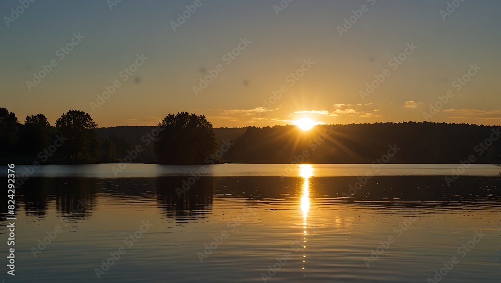  image shows a sunset over a lake. The sun is setting behind a hill,