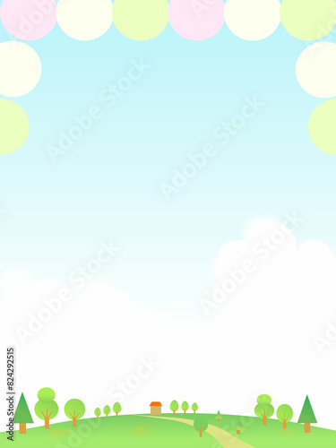 野原と入道雲のかわいい風景