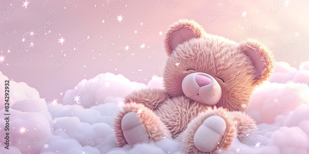 cute teddy bear sitting on white clouds with a pink sky background ...