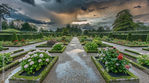 A panoramic view of a rain-soaked formal garden with symmetrical flower beds and gravel paths, each plant and flower covered in sparkling droplets, under a dramatic stormy sky. 